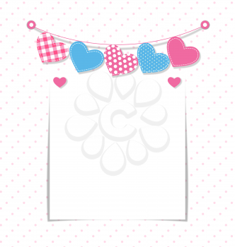 Paper frame with stitched hearts buntings garlands on white background in peas