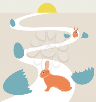 Way of rabbits hatched from the egg to the sun in vintage colors
