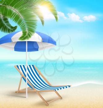 Beach with palm clouds sun beach umbrella and beach chair. Summer vacation background