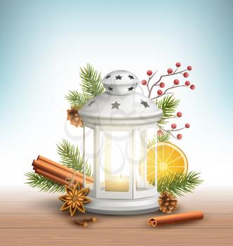 Christmas Lantern with Spices on Wooden Floor on Blue Background