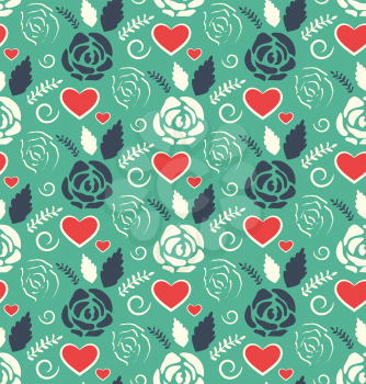 Seamless Love Abstract Pattern with Roses Flowers and Hearts on Green Background