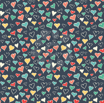 Seamless Festive Love Abstract Pattern with Hand Drawn Hearts on Dark Blue Background