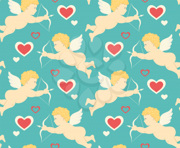 Seamless Festive Love Pattern with Cupid and Hearts on Blue Background