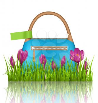 Blue woman spring bag with crocuses flowers and green label in grass lawn with reflection on white background