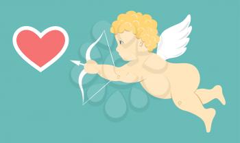 Angel Amur Cupid on Wings with Bow Arrow and Heart Icon Sign Isolated on Blue Background