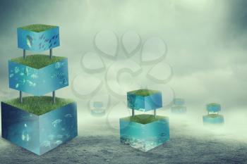 Aquarium cubes over dark hazy background