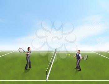 Businessman and businesswoman playing tennis on a big court