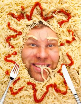 Happy man eating pasta, dinner time