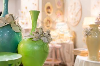 Ceramic vases in vintage interior closeup 