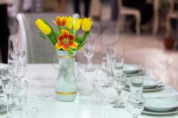 Close up of served table with tulips