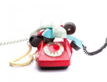 Set of vintage telephone with many handsets
