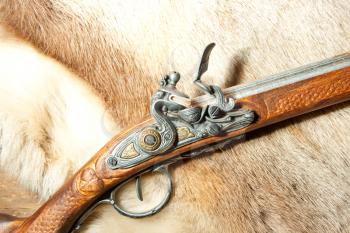 Retro wooden rifle on stuffed animal's skin