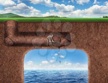 Businessman digs a tunnel deep into the ground to the sea