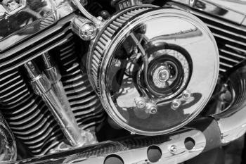 Closeup of chromed motorcycle engine