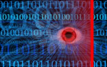 Abstract internet security illustration with human eye, scanning laser and binaries
