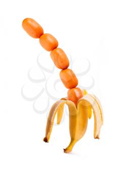 Set of sausages in banana's peel isolated over white background