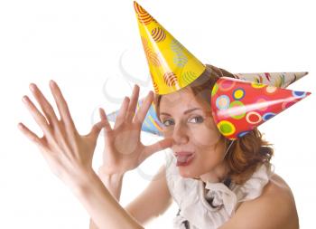 Joking woman in three party hats