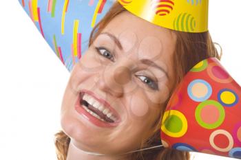 Laughing happy woman in three party hats