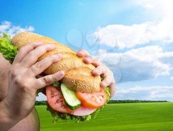 Big sandwich in hands against summer nature