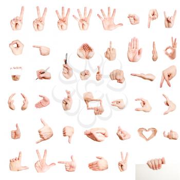 Many different hand signs isolated on white