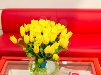 Vase of yellow tulips in modern  living room, closeup