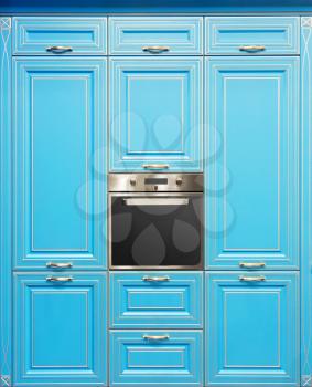 Closeup picture of oven in kitchen blue interior design