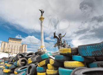 Kiev, Ukraine, colorful tires ,the Berehynia monument