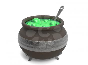 Spooky witch's cauldron with green bubbling cooking on white