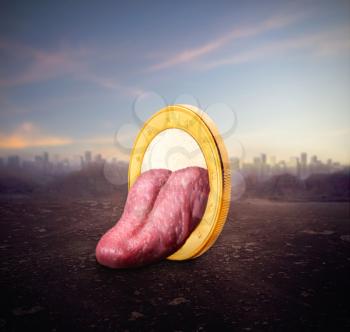 Human tongue in the coin over the city background