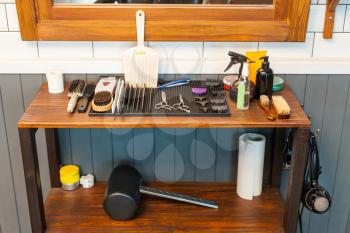 Close up of modern barber's tools on the table
