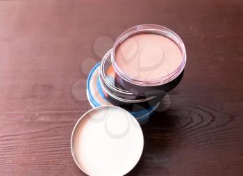 Set of face powder on the table