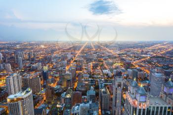 Aerial view of Chicago downtown at sunset from high above, Illinois USA.