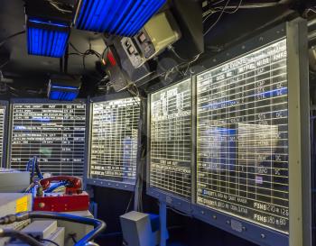 Capitan's brige control panel on aircraft carrier in uss midway museum.