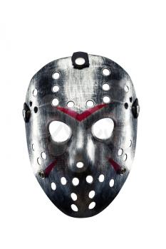 Horrible black hockey mask of serial killer with bloody strips isolated on white background.