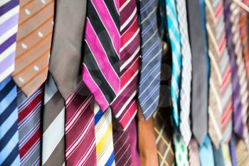 Silk tie collection, fabric textile on Sri Lanka. Clothing shop on Ceylon