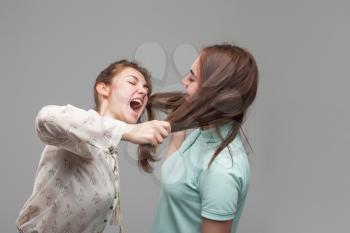 Two girls fighting, women quarrel, studio photo shoot. Girlfriends drag each other for hair
