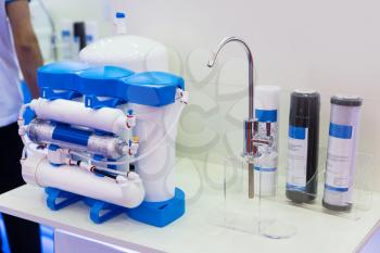 Reverse osmosis, water cleaning filter, exhibition stand. Filtration system, water purification