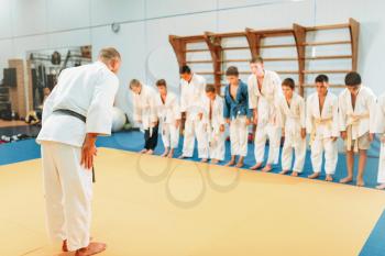 Trainer and childrens in uniform, kid judo training. Young fighters in gym, martial art, health lifestyle