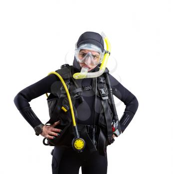 Diver in wetsuit and diving gear isolated on white background. Frogman in mask and scuba, underwater sport
