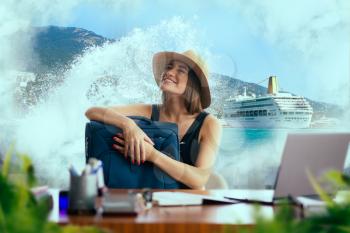 Cute woman with suitcase at the table, ferry and paradise island on background. Dreams about a vacation concept, daydreaming about a journey idea