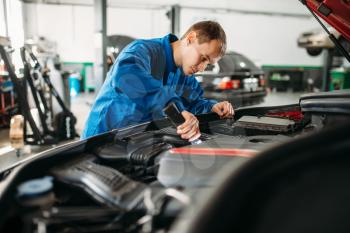 Mechanic checks the engine compartment of the vehicle, motor diagnostic. Car with opened hood, auto-service