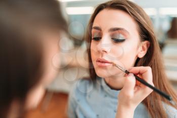 Make up artist hand with brush applying gloss on woman lips. Professional female beautician work with glamour attractive girl