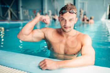 Athletic swimmer shows muscles, indoor swimming pool. Aqua sports exercise