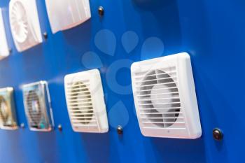 Exhaust fans showcase closeup, forced ventilation for bathroom, kitchen or house rooms