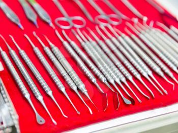 Medicine equipment, dental instrument macro view. Dentist cabinet, stomatology. Tooth care, mouth hygiene