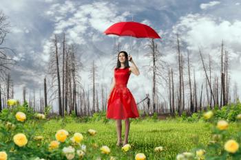 Cute woman in red dress with umbrella in dry forest. Female person with parasol in dead woods, yellow flowers everywhere