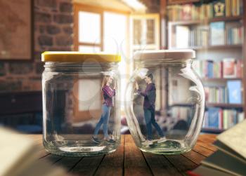 Fear of loneliness concept, young couple in big glass jars. Broken family. Depression of alone people