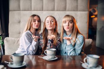 Three attractive girlfriends blow a kiss in cafe. Female friends sitting in restaurant and drinks coffee, gossipers meeting