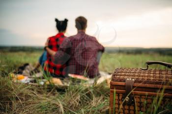 Basket, love couple sitting on plaid, back view, picnic in summer field. Romantic junket, man and woman leisure together