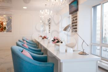 Beauty shop interior, professional manicure and pedicure service, nobody. Beautician salon, Cosmetologist studio